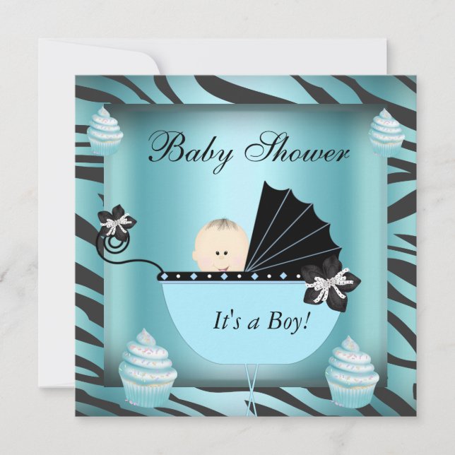 Zebra Baby Shower Baby Boy Teal Cupcake Invitation (Front)