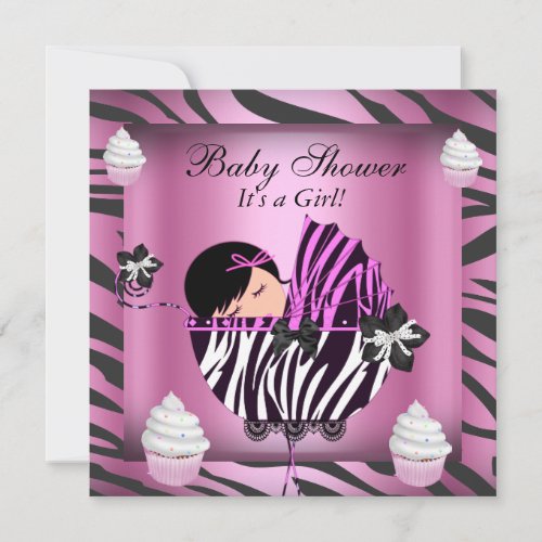 Zebra Baby Shower Baby Girl Pink Cupcake Custom Announcements