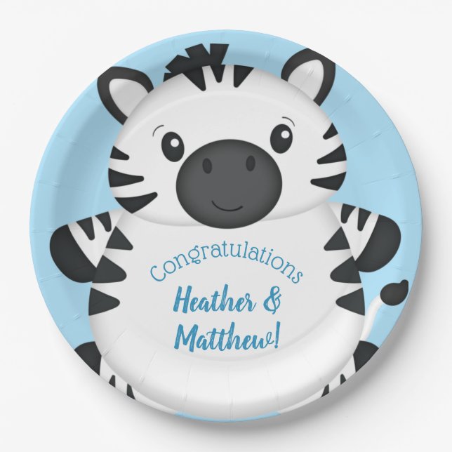 Zebra Baby Shower Blue Paper Plates (Front)