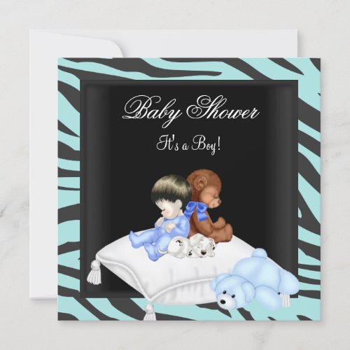 Zebra Baby Shower Boy Blue Black Crown Prince Invitation