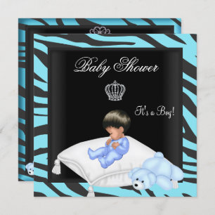 Zebra Baby Shower Boy Blue Black Crown Prince Invitation