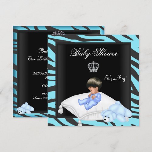 Zebra Baby Shower Boy Blue Black Crown Prince Invitations