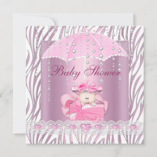 Zebra Baby Shower Girl Baby Pink Umbrella White Invitation