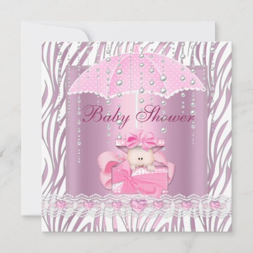 Zebra Baby Shower Girl Baby Pink Umbrella White Invitation