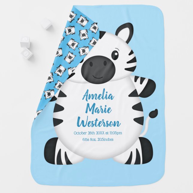 Zebra Baby Shower Safari Blue Boy Baby Blanket (In Situ)