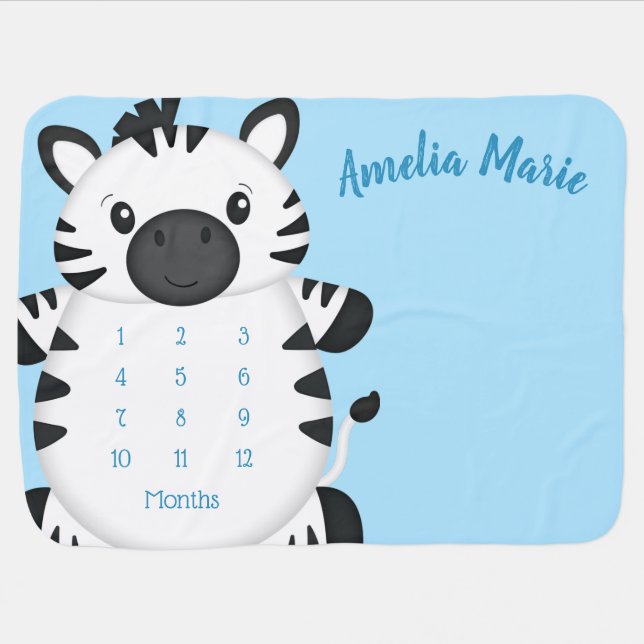 Zebra Baby Shower Safari Blue Boy Baby Blanket (Horizontal)
