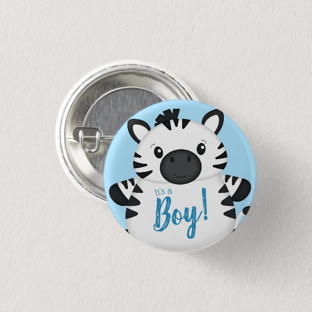 Zebra Baby Shower Safari Blue Boy Button (Front & Back)