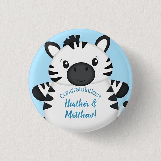 Zebra Baby Shower Safari Blue Boy Button (Front)