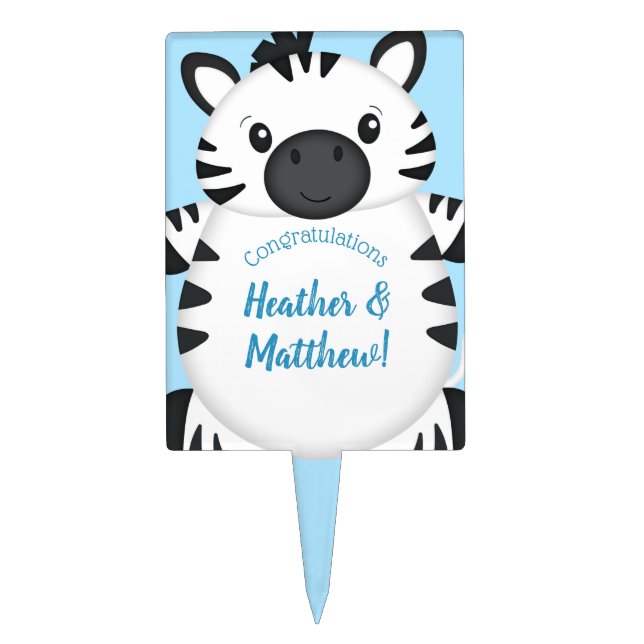 Zebra Baby Shower Safari Blue Boy Cake Topper (Front)