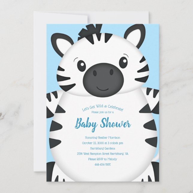 Zebra Baby Shower Safari Blue Boy Invitation (Front)