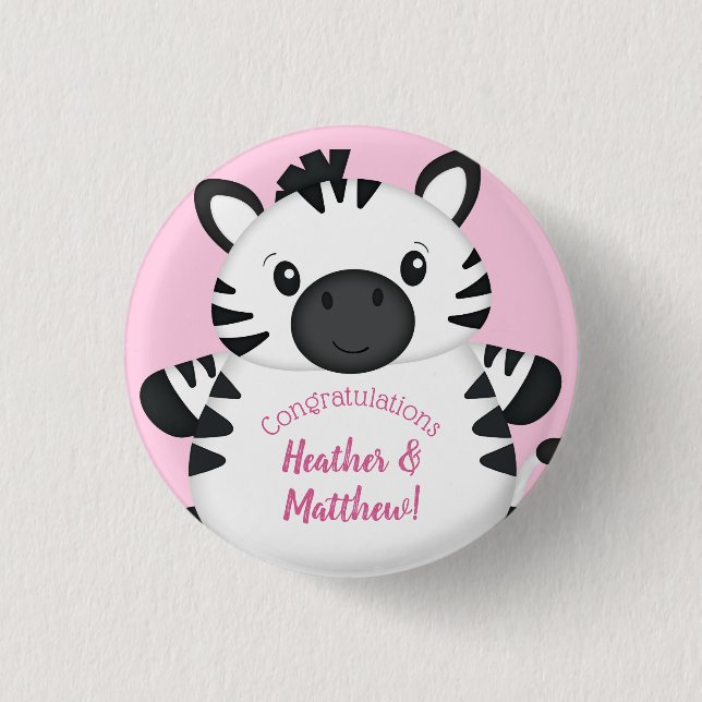 Zebra Baby Shower Safari Pink Girl Button (Front)