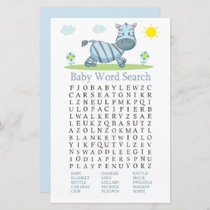 Zebra Baby Shower Word Search Game