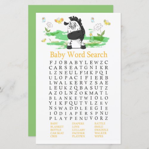 Zebra Baby Shower Word Search Game