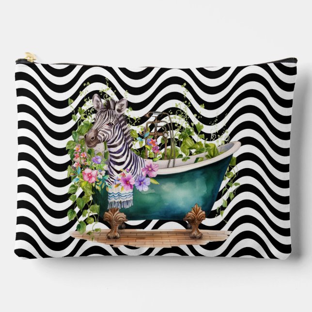 Zebra Bathtub Black White Wavy Stripes Psychedelic Accessory Pouch (Front)