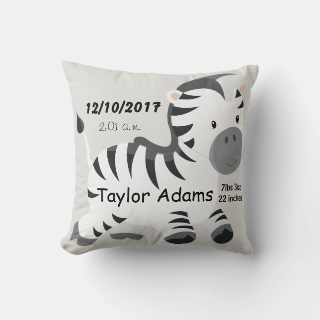 Zebra Birth Stats Baby Nursery Throw Pillow (Front)