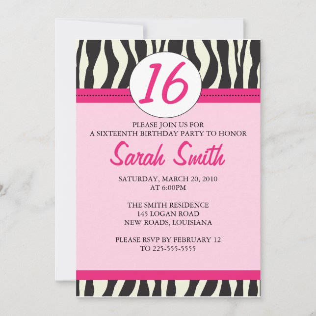 Zebra Birthday Invitation (Front)
