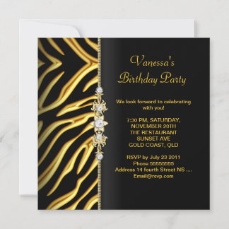 Zebra Birthday Party Gold Black Floral Invitation