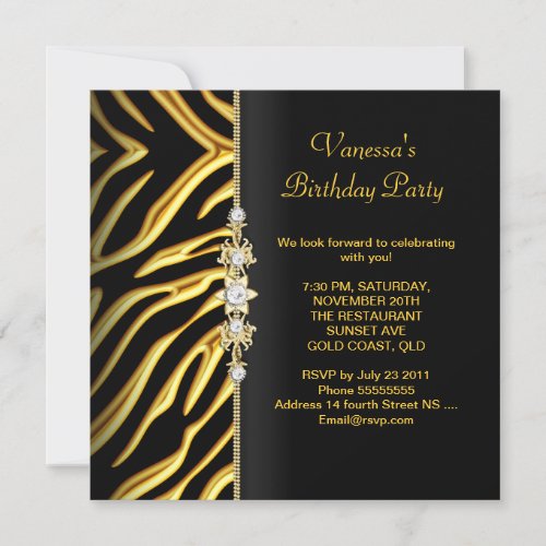 Zebra Birthday Party Gold Black Floral Personalized Announcements