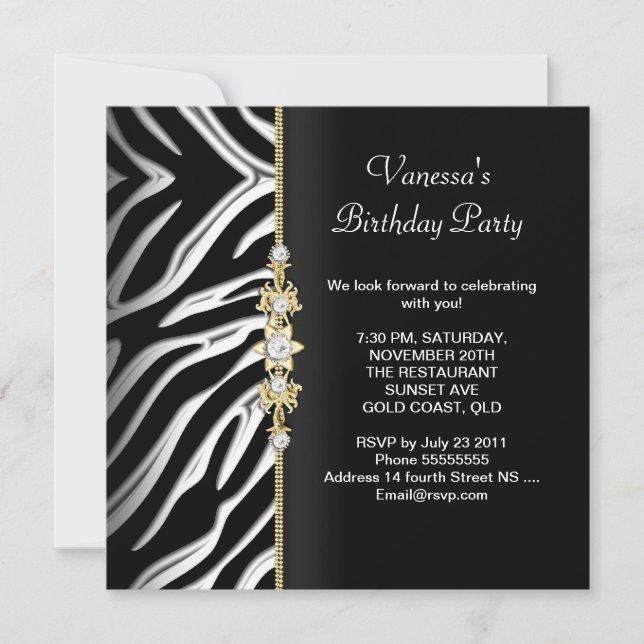 Zebra Birthday Party Gold Black White Floral Invitation (Front)