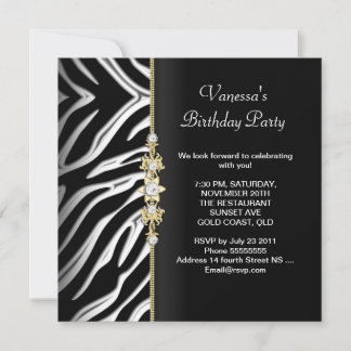 Zebra Birthday Party Gold Black White Floral Invitation