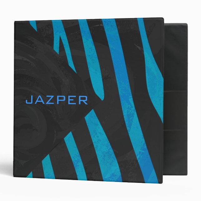 Zebra Black and Blue with Monogram 3 Ring Binder (Front/Inside)