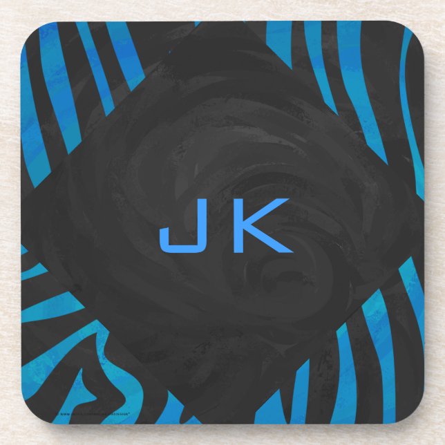 Zebra Black and Blue with Monogram Beverage Coaster (Front)