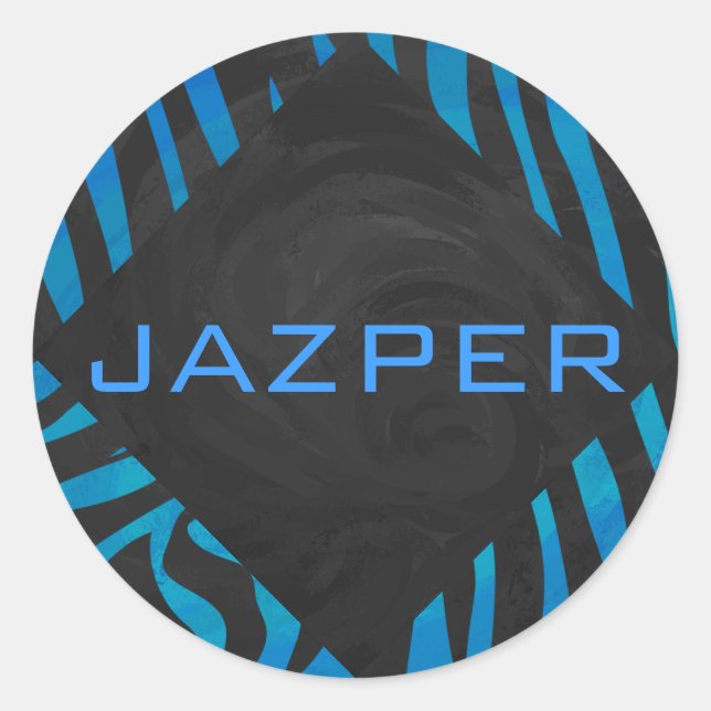 Zebra Black and Blue with Monogram Classic Round Sticker (Front)