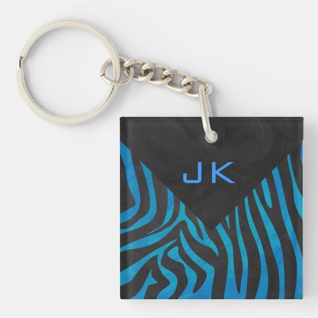 Zebra Black and Blue with Monogram Keychain (Front)