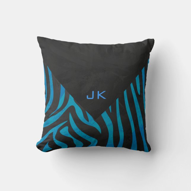 Zebra Black and Blue with Monogram Throw Pillow (Front)