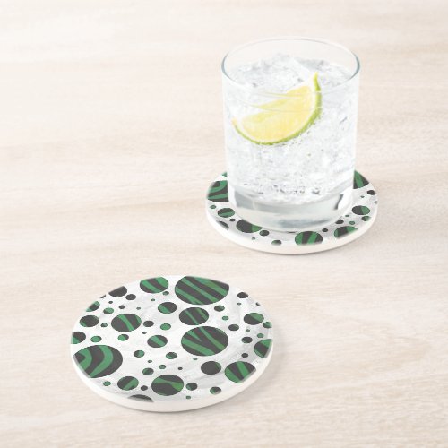 Zebra Black and Green Polka Dot Sandstone Coaster