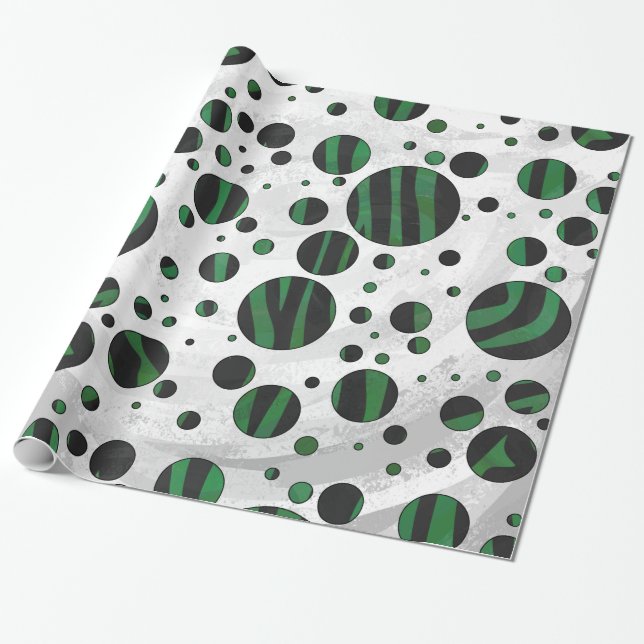 Zebra Black and Green Polka Dot Wrapping Paper (Unrolled)
