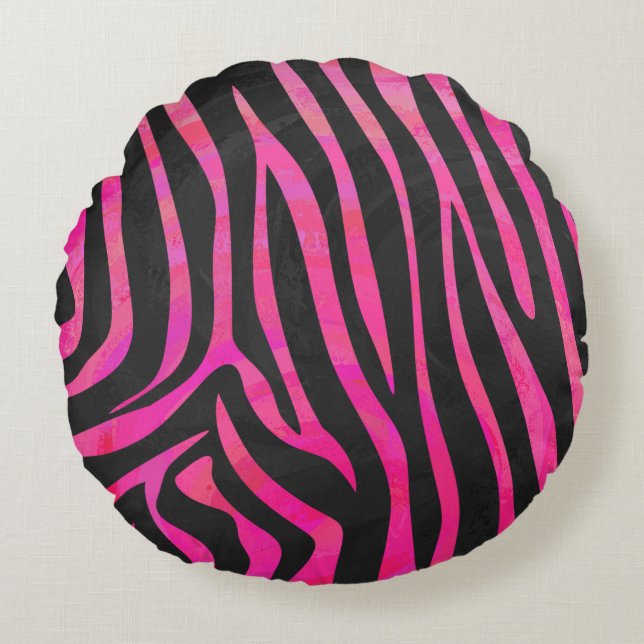 Zebra Black and Hot Pink Print Round Pillow (Front)
