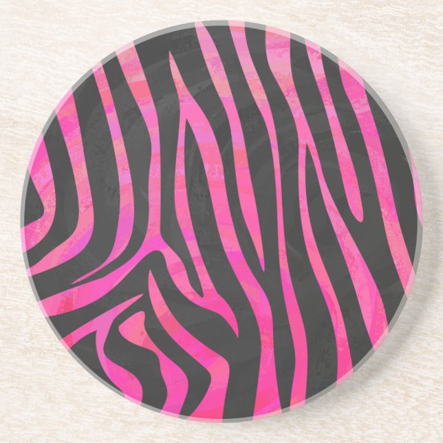 Zebra Black and Hot Pink Print Sandstone Coaster (Front)
