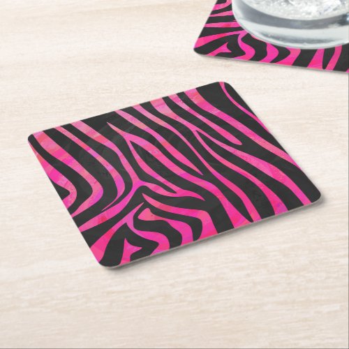 Zebra Black and Hot Pink Print Square Paper Coaster