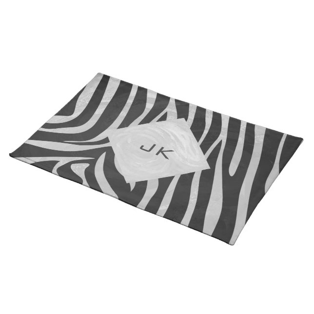 Zebra Black and Light Gray Monogram Cloth Placemat (On Table)