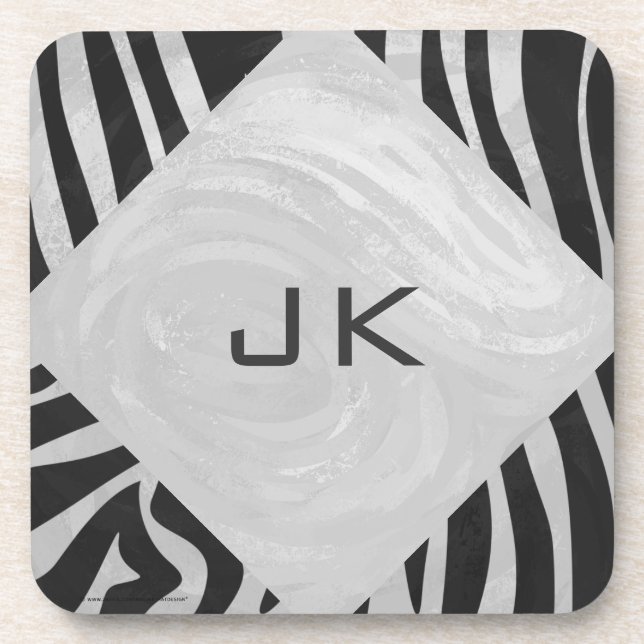 Zebra Black and Light Gray Monogram Coaster (Front)