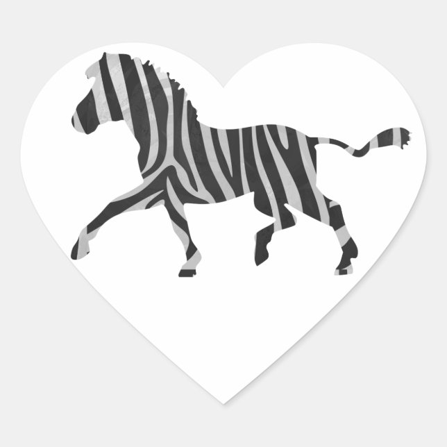 Zebra Black and Light Gray Silhouette Heart Sticker (Front)