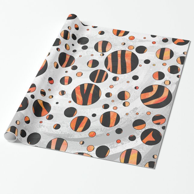Zebra Black and Orange Polka Dots Wrapping Paper (Unrolled)