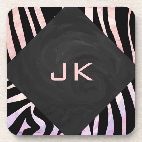 Zebra Black and Pink Monogram Drink Coaster