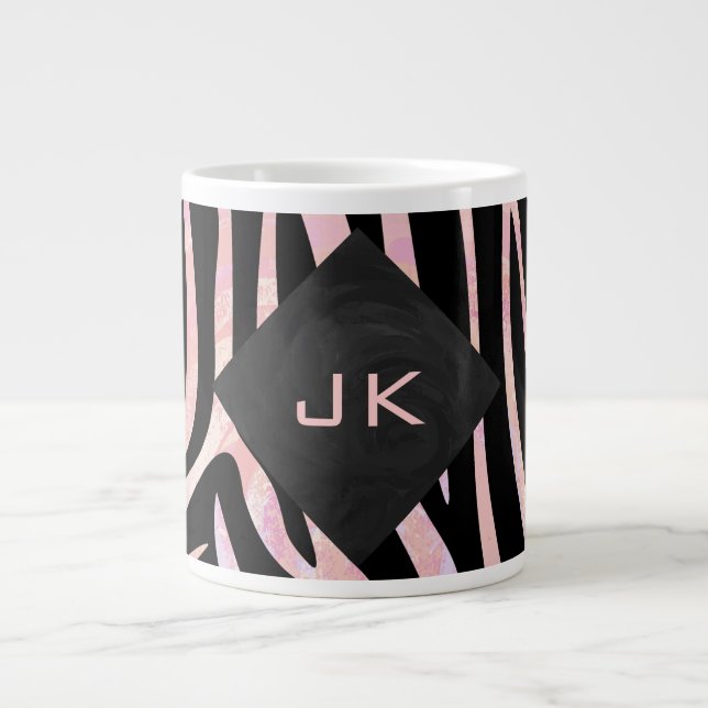 Zebra Black and Pink Monogram Large Coffee Mug (Front)