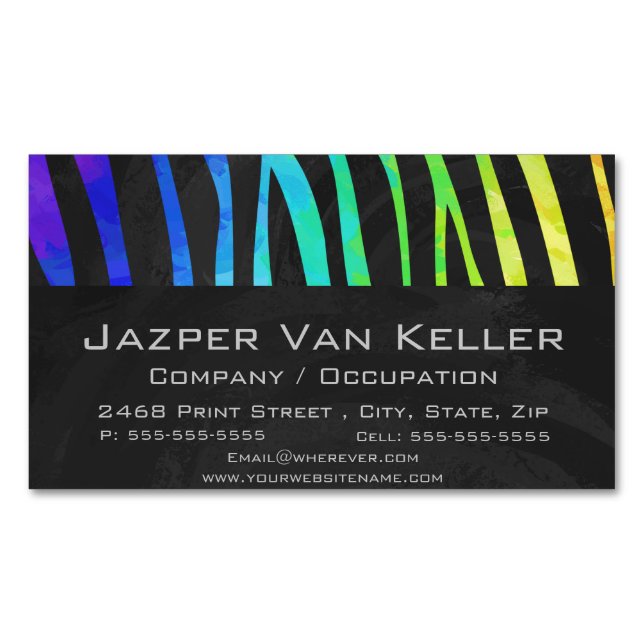 Zebra Black and Rainbow Print Magnetic Business Card (Front)