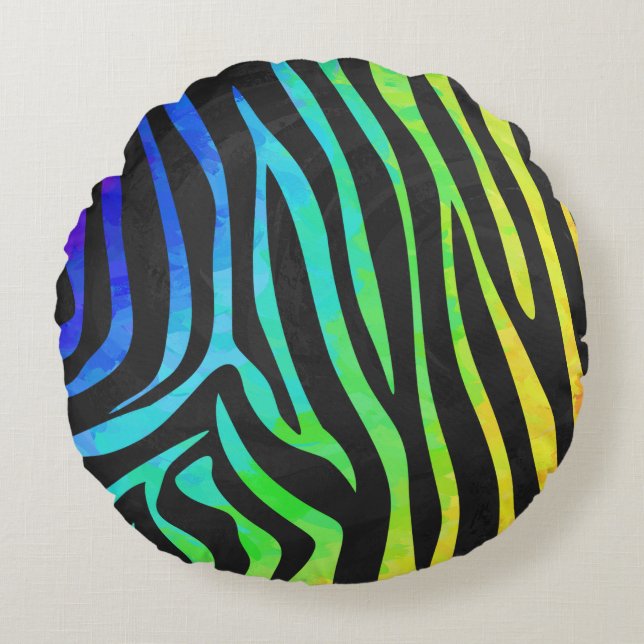 Zebra Black and Rainbow Print Round Pillow (Front)