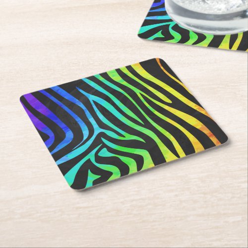 Zebra Black and Rainbow Print Square Paper Coaster