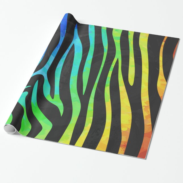 Zebra Black and Rainbow Print Wrapping Paper (Unrolled)