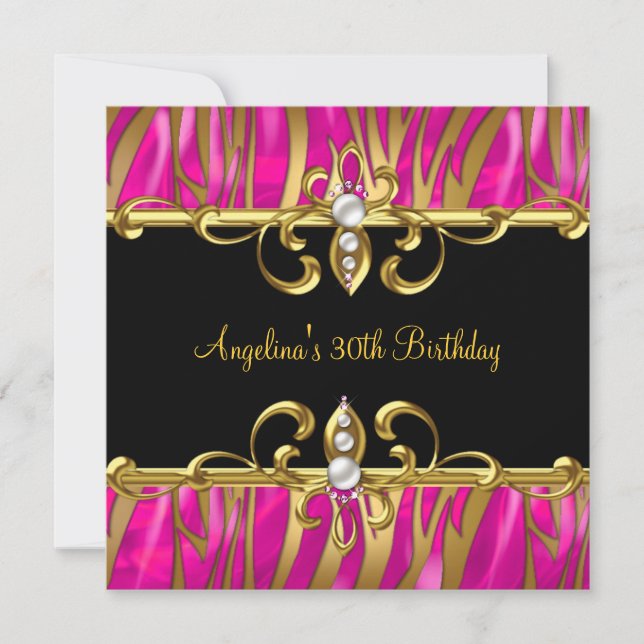 Zebra Black Gold Pink Jewel 30th Birthday Party Invitation (Front)