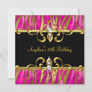 Zebra Black Gold Pink Jewel 30th Birthday Party Invitation