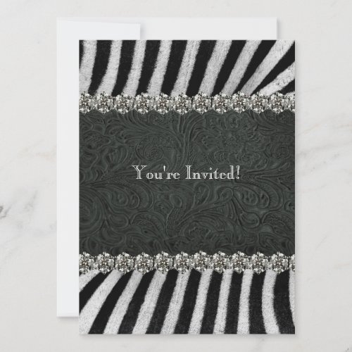 Zebra Black Leather Rhinestone Retirement Party Personalized Invitation