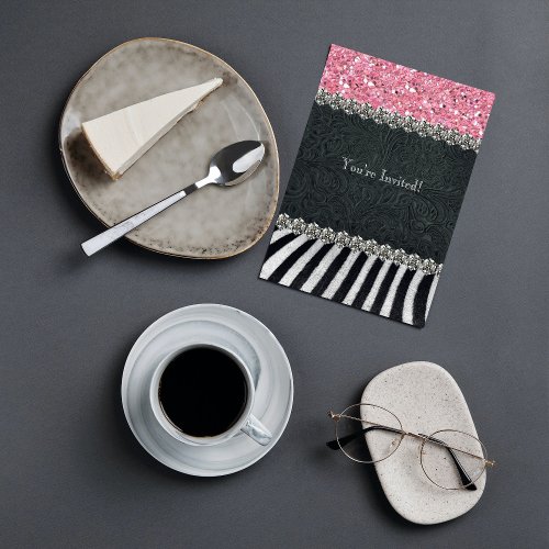 Zebra Black Pink Glitter Bridal Shower Invitation