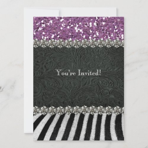 Zebra Black Purple Glitter Bridal Shower Announcement