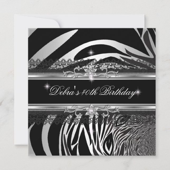 Zebra Black Silver White 40th Birthday Party Invitation (Front)